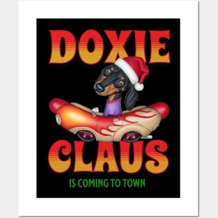 Cute Doxie Dog in classic car on  Claus Dachshund is coming to Town Posters and Art